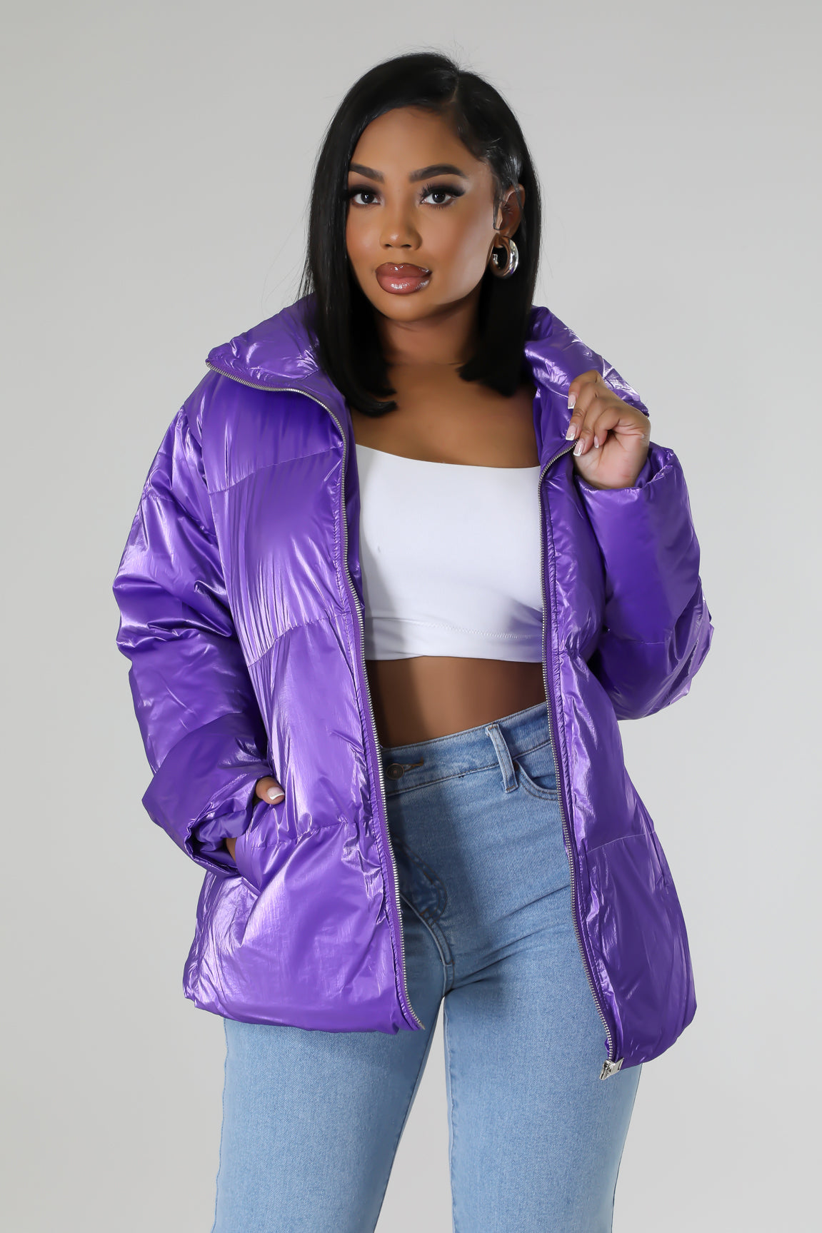 Purple shiny jacket shop