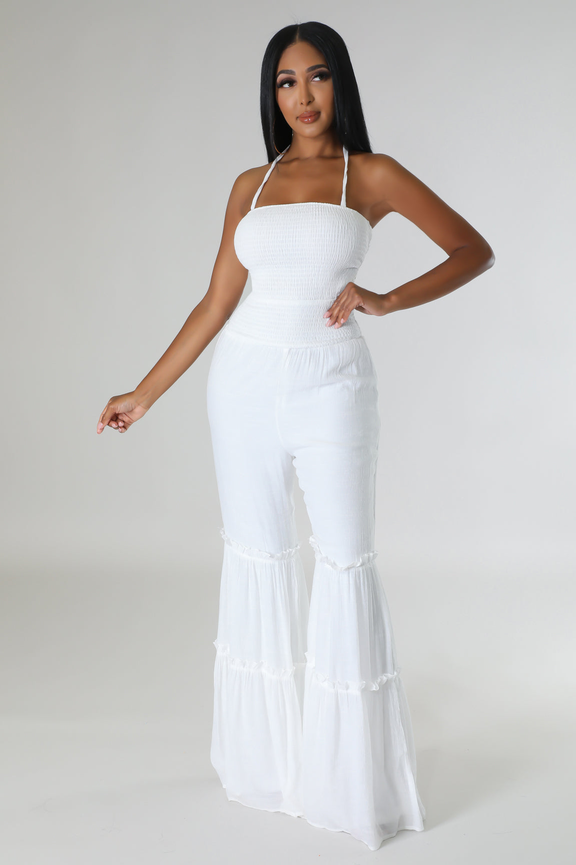 All white deals bell bottom jumpsuit