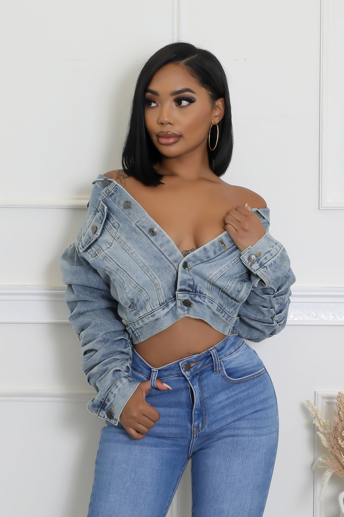 Denim Short Sleeve Crop Top – self-portrait-EU